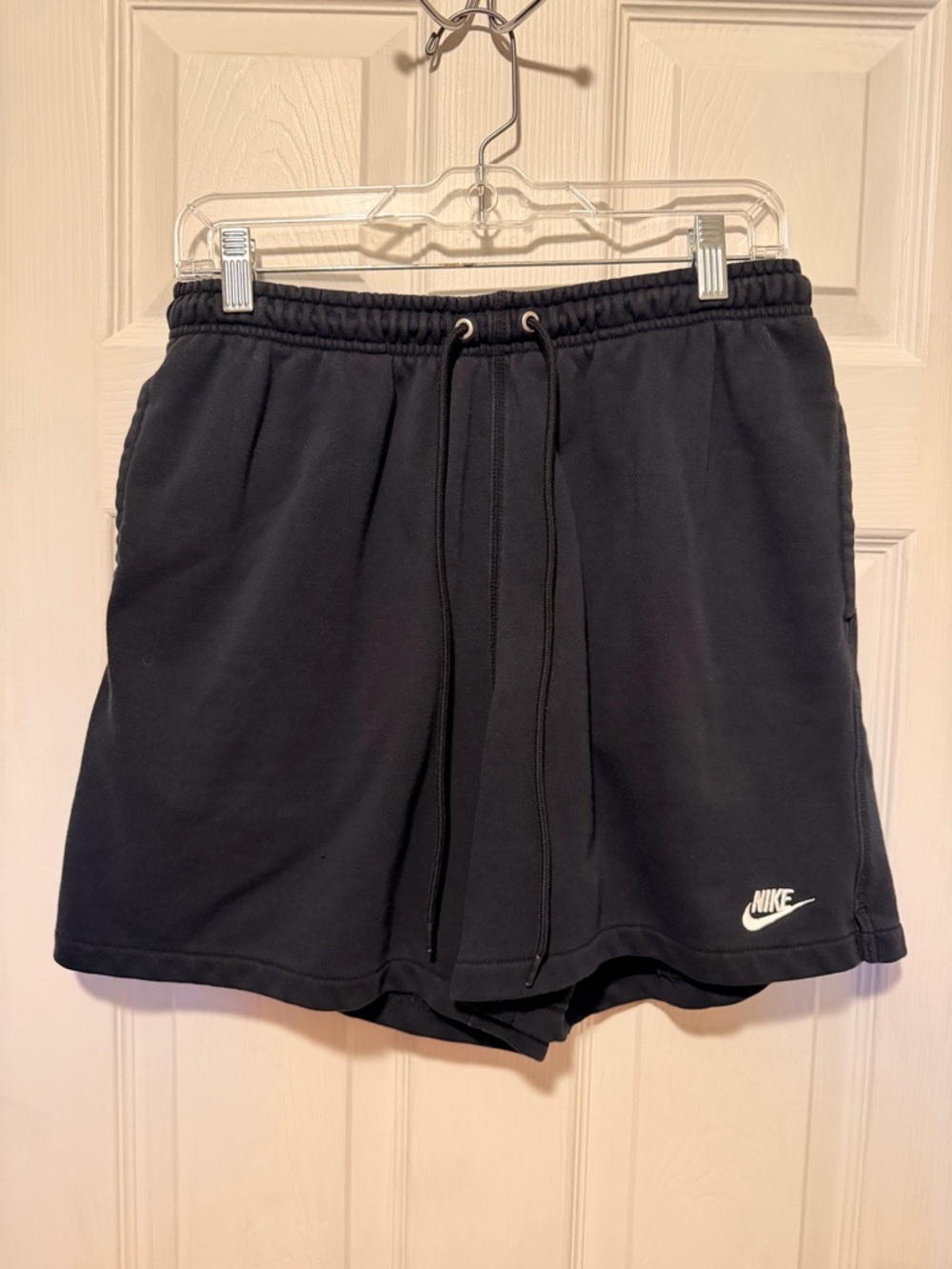 Mens Nike Black Fleece Drawcord Shorts with White Swoosh. Size medium.